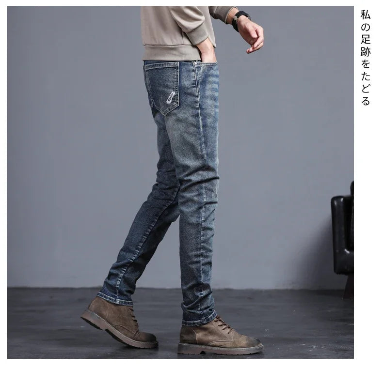 Men's Vintage Jeans Korean Fashion Slim Little Feet Embroidered Trousers Stretch Male Streetwear Denim Pants