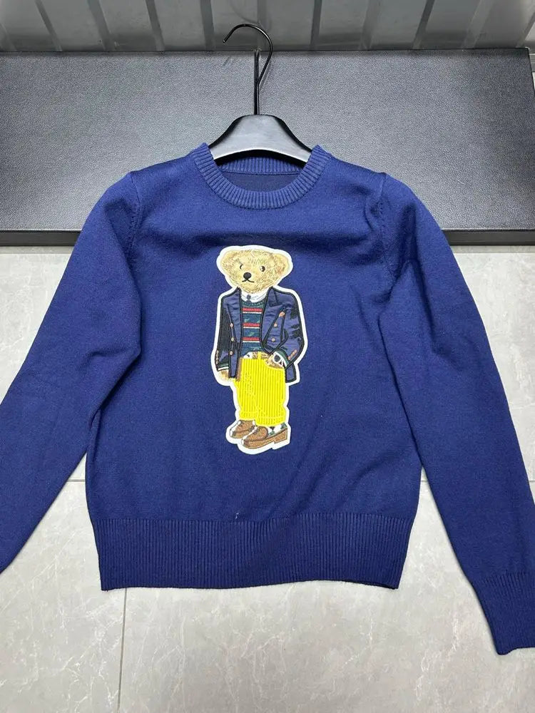 European Style Luxury Brand Loose O-Neck Bear Pullover Tops Knitwear Woman Short Sleeve T-shirt Ladies Wool Knitted Sweater
