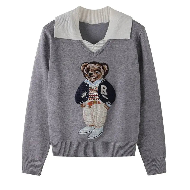 European Style Luxury Brand Loose O-Neck Bear Pullover Tops Knitwear Woman Long Sleeve T-shirt Ladies Wool Knitted Sweater Tops