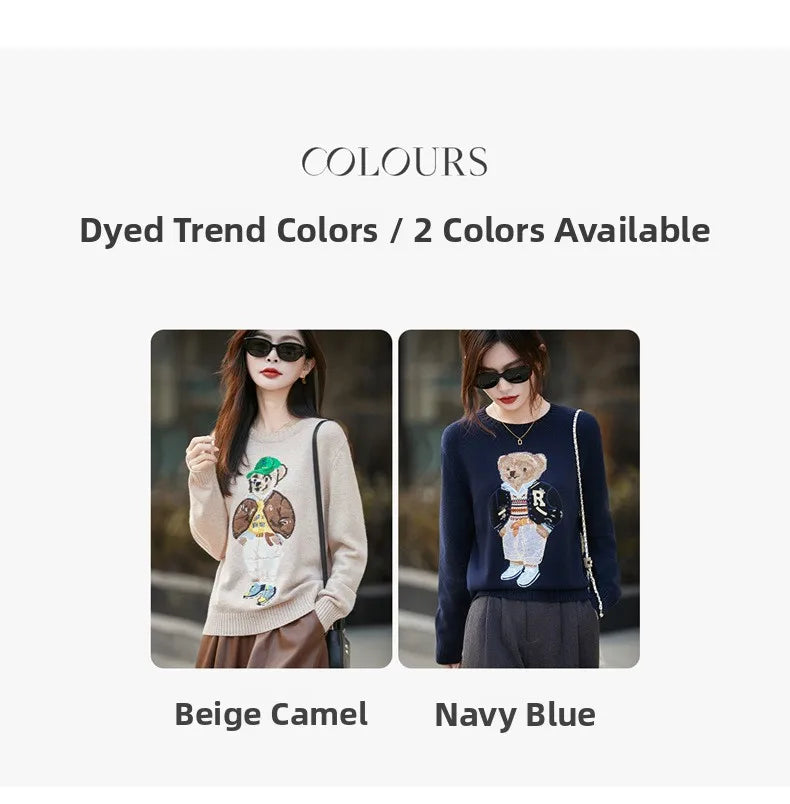 Thickened Woolen Knitted Sweater round Neck Embroidery Cartoon Bear Women's Base Shirt Autumn Winter New Style Premium Spun Wool