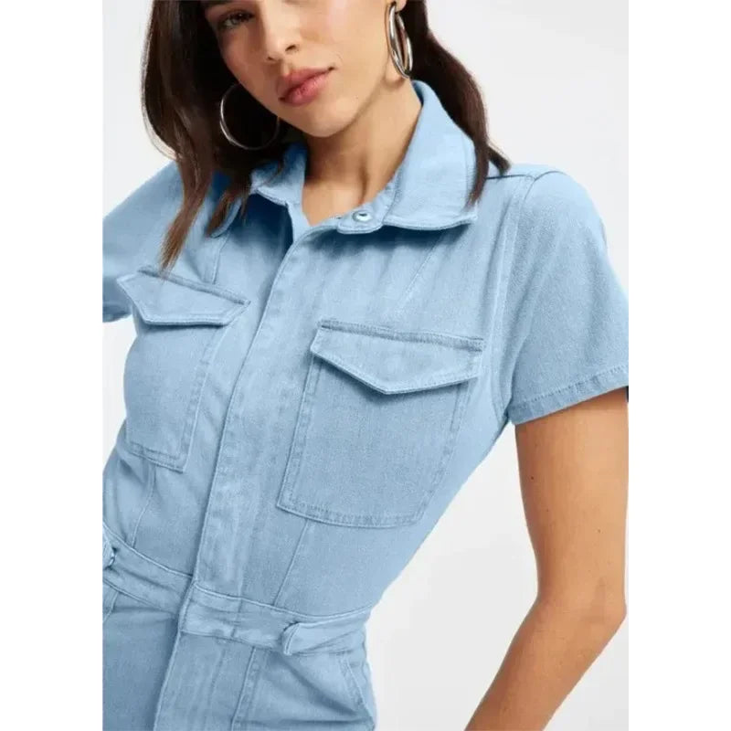 Fashion Jeans Plus Size Denim Jump Suits for Women Slim Short Sleeve Turn Down Collar Overalls Rompers Female One-piece Pants