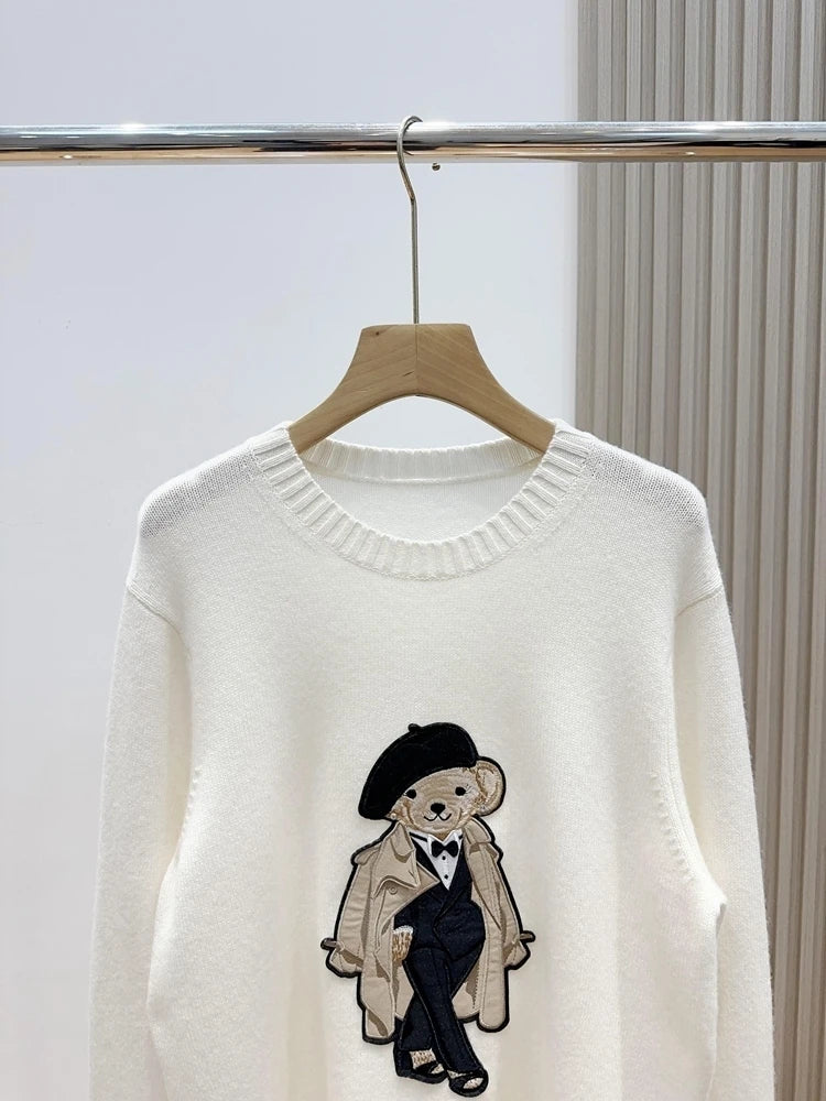 European Style Luxury Brand Loose O-Neck Bear Pullover Tops Knitwear Woman Long Sleeve T-shirt Ladies Wool Knitted Sweater Tops