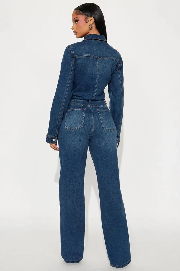 Newly Jeans Stretch Jumpsuit Sexy Women Turn Down Collar Elegant Denim Straight Romper Overalls