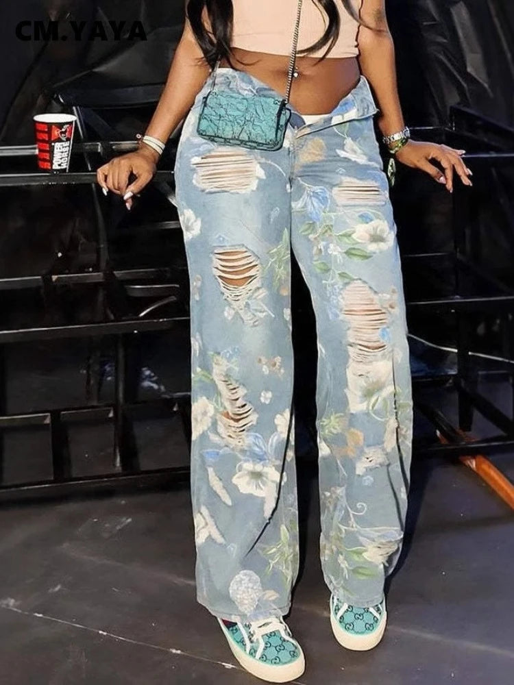 Denim Pants Women Floral Print Sexy Hole Hollow Out Jeans Ripped Out Straight Trousers 2025 Summer Street Lady Pant