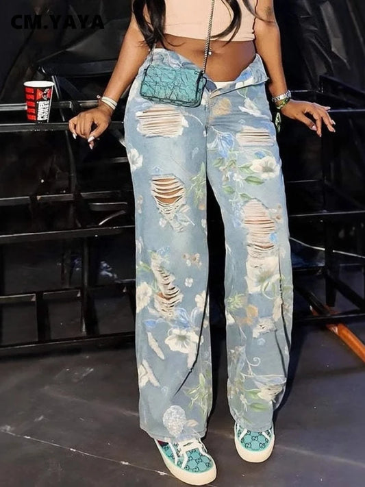 Denim Pants Women Floral Print Sexy Hole Hollow Out Jeans Ripped Out Straight Trousers 2025 Summer Street Lady Pant