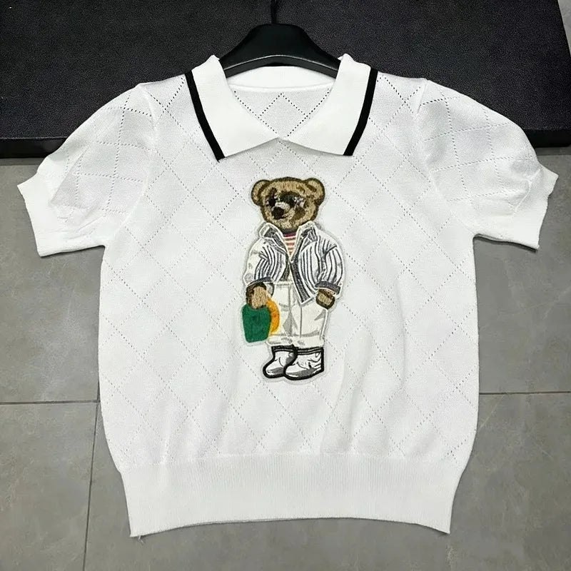 French Style Cartoon Bear Thin Knit Pullover Women Summer Short Sleeve Sweater Jumper Cropped Tops Fashion Women's Polo Shirt