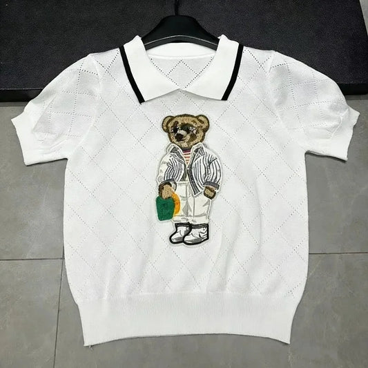 French Style Cartoon Bear Thin Knit Pullover Women Summer Short Sleeve Sweater Jumper Cropped Tops Fashion Women's Polo Shirt