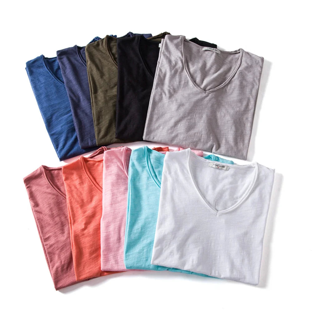 Men Short Sleeve Cotton Men T-shirt V-neck Fashion Design Slim Fit Soild T-shirts Male Tops Tees Short Sleeve T Shirt O-neck For Men