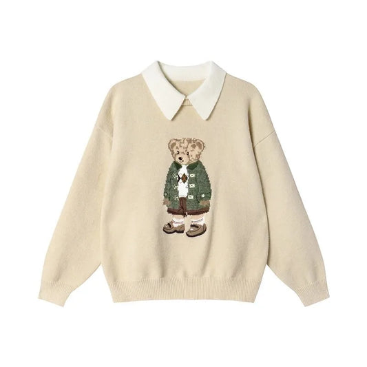High Quality French Vintage Luxury Bear Jacquard Sweater For Women Autumn New Fashion Korean Casual Loose Pullover Knitted Tops