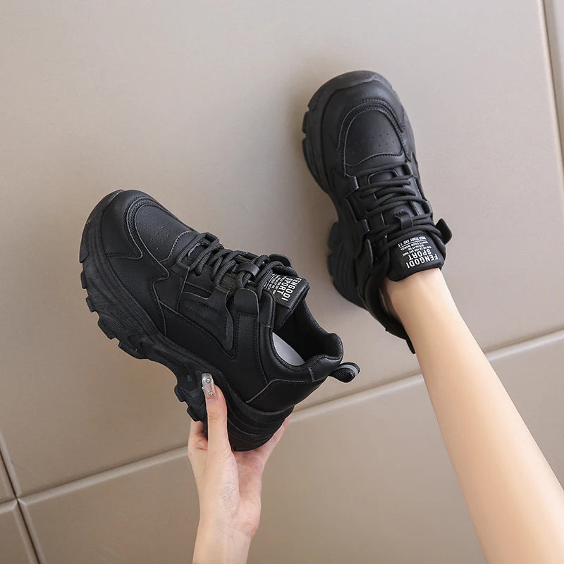 Women Sneakers Lace-Up Thick Bottom Vulcanize Shoes Woman Pu Leather Breathable Sports Shoes Ladies
