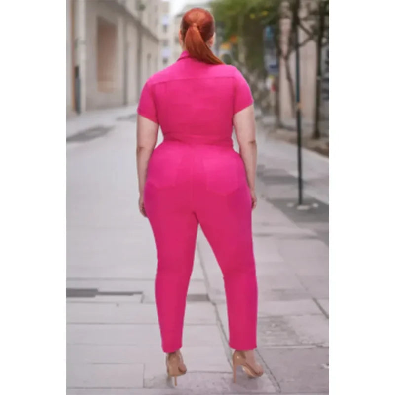 Fashion Jeans Plus Size Denim Jump Suits for Women Slim Short Sleeve Turn Down Collar Overalls Rompers Female One-piece Pants