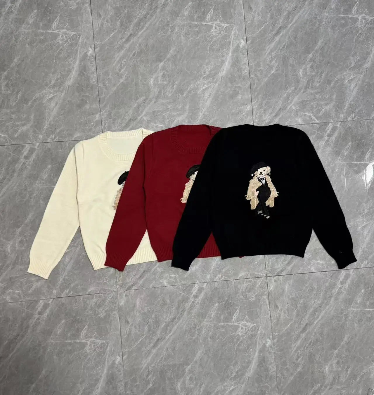 European Style Luxury Brand Loose O-Neck Bear Pullover Tops Knitwear Woman Long Sleeve T-shirt Ladies Wool Knitted Sweater Tops