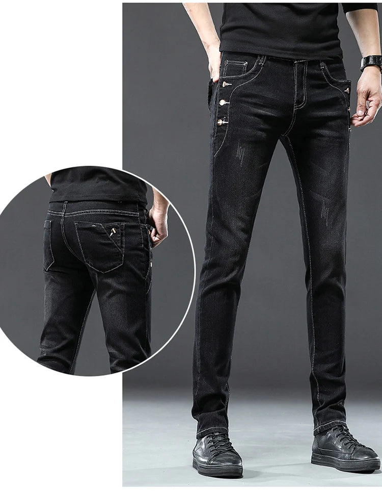 Men's Designer Jeans Snowflake Grey Wash Korean Fashion Stretch Pants Multi-button Denim Trousers
