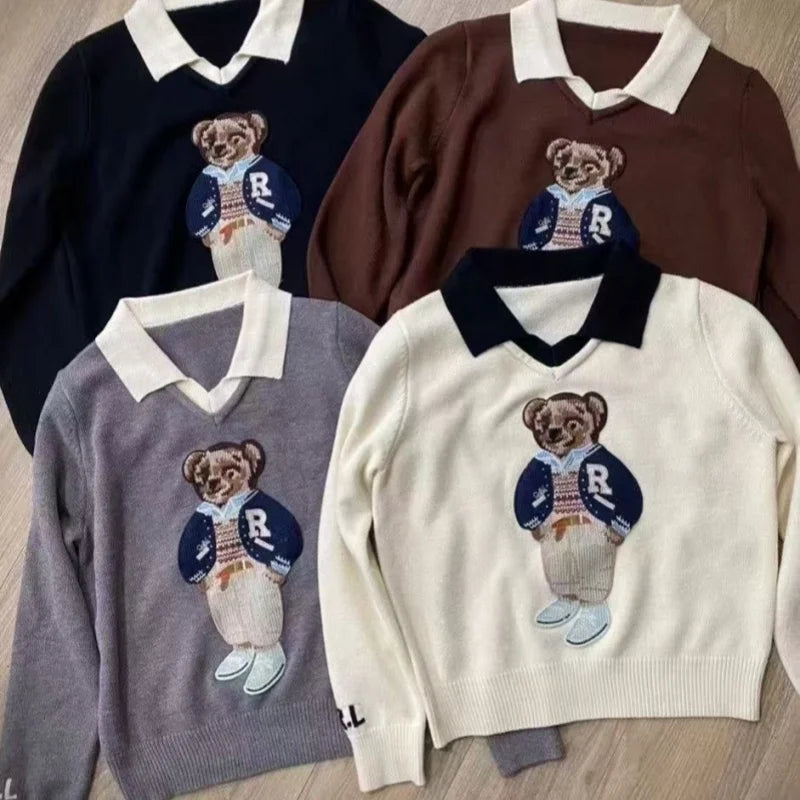 Knitted Sweater Women Design Bear Cartoon Embroidery Long Sleeve Pullover Tops Jumper Autumn