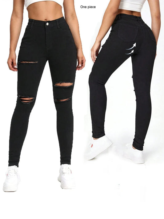 Ins Lady High Waisted Stretchy Skinny Jeans | Girls Ripped Design Trendy Versatile Timeless Casual Fashion Denim Pants