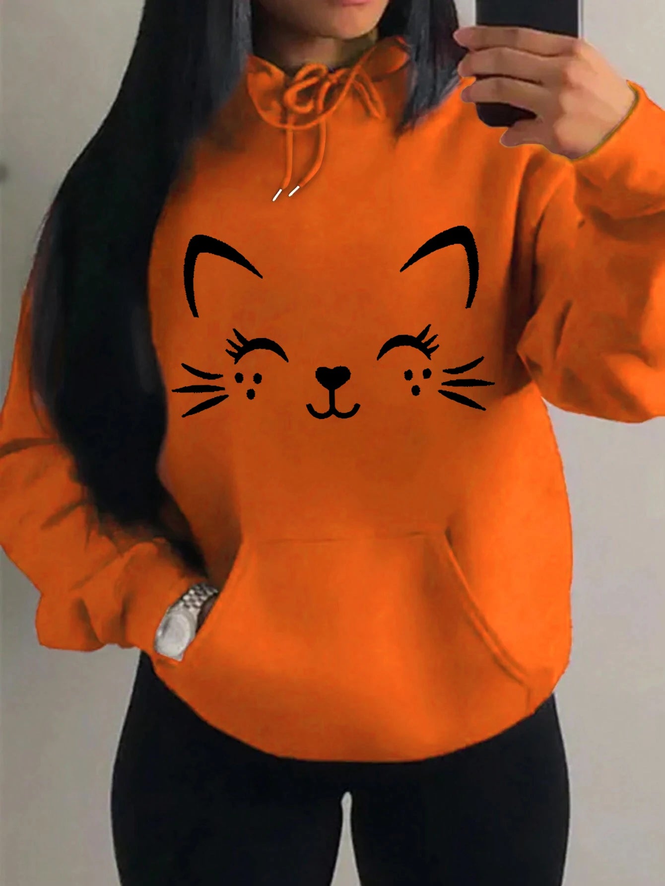 Simple Word Cat Happy Pattern Women Hoodies Fashion Casual Streetwear Personality Hip Hop Hoodie Trendy Fleece Pulloverar
