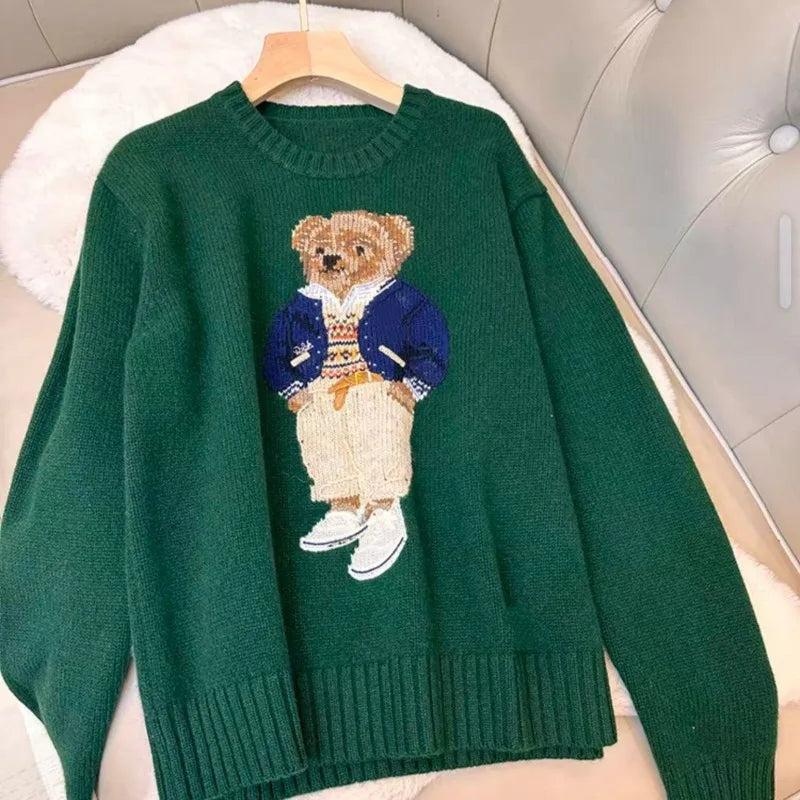 Cartoon Teddy Bear Knitted Embroidery Pullover Women 2025 New Autumn Round Neck Female Knitted Sweater Casual Womens Tops