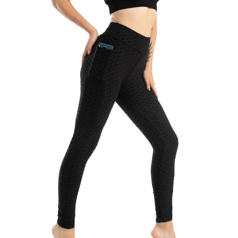 Leggings Women Fashion Pocket Bubble Pants Stretchy Slim Leggings Gym Running Cycling Fitness Pants High Waist Hip Lift Leggings Female