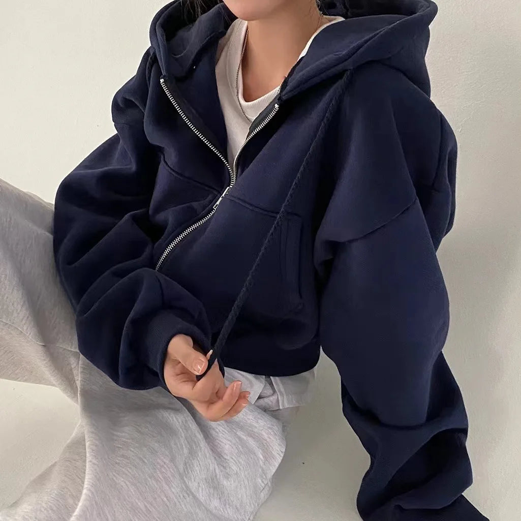 Hoodies Women Casual Streetwear Zip Up Sweatshirts Long Sleeve Jackets Harajuku Y2K Crop Tops Hood Shirt
