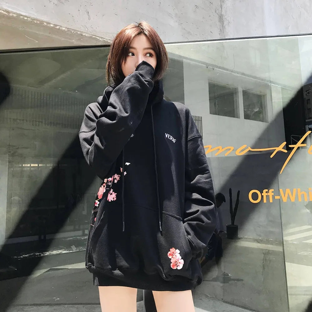 Hoodies Women Streetwear Y2K Harajuku Cute Cherry Blossom Graphic Print Oversized Hoodie Gothic Casual Pullover Sweatshirt Men Women Clothing