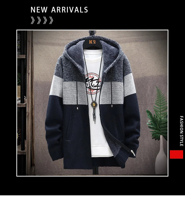 Sweater Fleece Coat Striped Jackets Fashion Hoodies Winter Autumn Thick Warm Windbreaker Pullovers Male Clothing