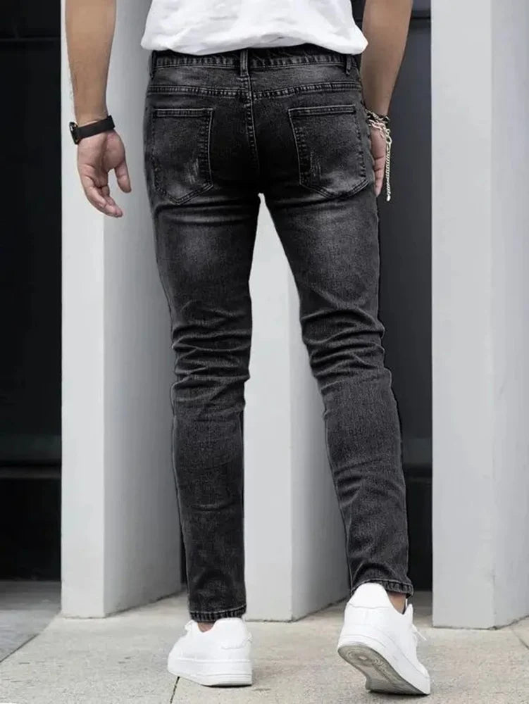 Men's Slim Four-Season Washed Fashion Jeans Stretch Slim Fit Light Blue Gray Black Casual Denim Pants