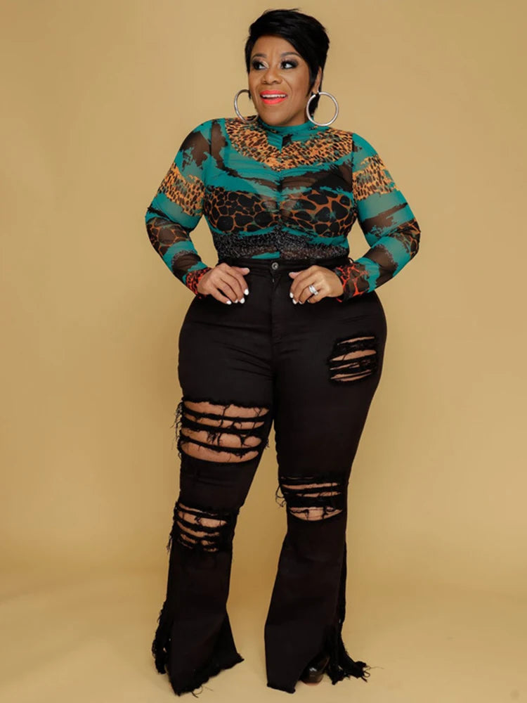 Pus Size  Ladies Jeans High Waist Woman Tassel Vintage Jeans Ripped Plus Size Fashion Elegant Flared Jeans Wholesale Dropshipping