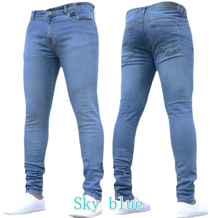 Men Jeans Pencil Pants Solid Color Mid Waist Slim Fit Pockets Slight Strech Spring 2024 Ankle Length Denim Casual Zipper