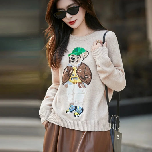 Thickened Woolen Knitted Sweater round Neck Embroidery Cartoon Bear Women's Base Shirt Autumn Winter New Style Premium Spun Wool