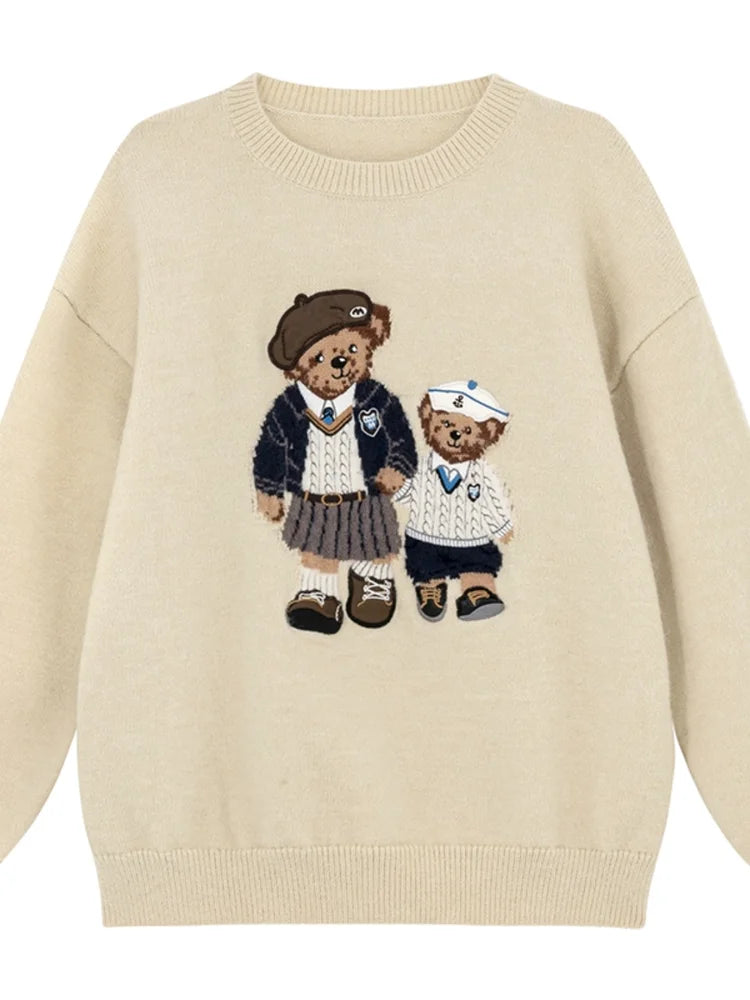 Korean Style Autumn Fashion College Wind Twist Bear Embroidery Knitted Sweater Women's Soft Cozy Overhead Sweater Long Sleeve...