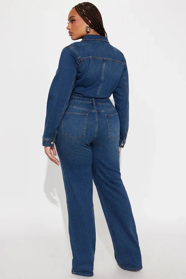 Newly Jeans Stretch Jumpsuit Sexy Women Turn Down Collar Elegant Denim Straight Romper Overalls