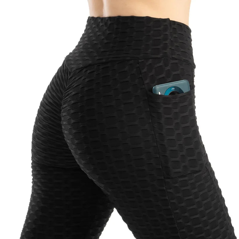 Leggings Women Fashion Pocket Bubble Pants Stretchy Slim Leggings Gym Running Cycling Fitness Pants High Waist Hip Lift Leggings Female