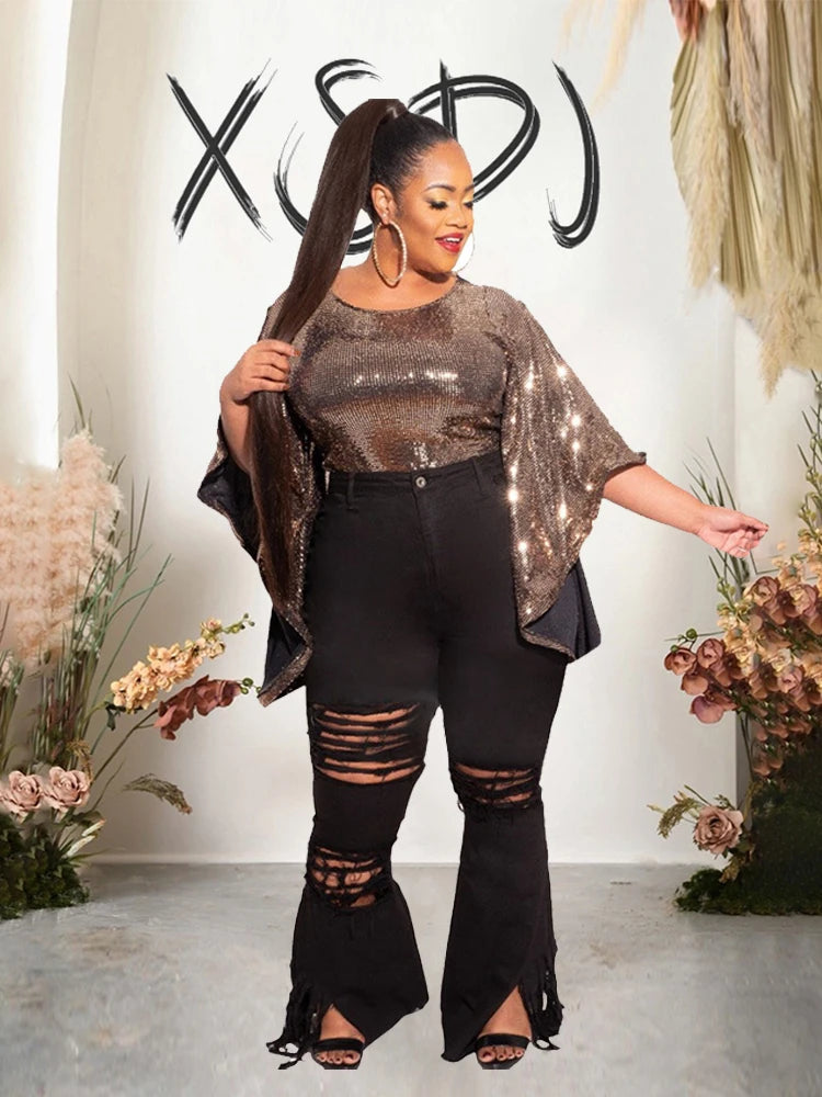 Pus Size  Ladies Jeans High Waist Woman Tassel Vintage Jeans Ripped Plus Size Fashion Elegant Flared Jeans Wholesale Dropshipping