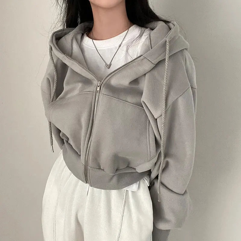 Hoodies Women ,Casual Hood Sweatshirt Women Y2K Zip Up Hoodies Solid Harajuku Long Sleeve Shirt Oversized Crop Tops Female Loose Jackets Coat