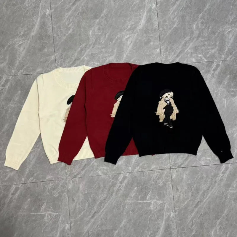 European Style Luxury Brand Loose O-Neck Bear Pullover Tops Knitwear Woman Long Sleeve T-shirt Ladies Wool Knitted Sweater Tops
