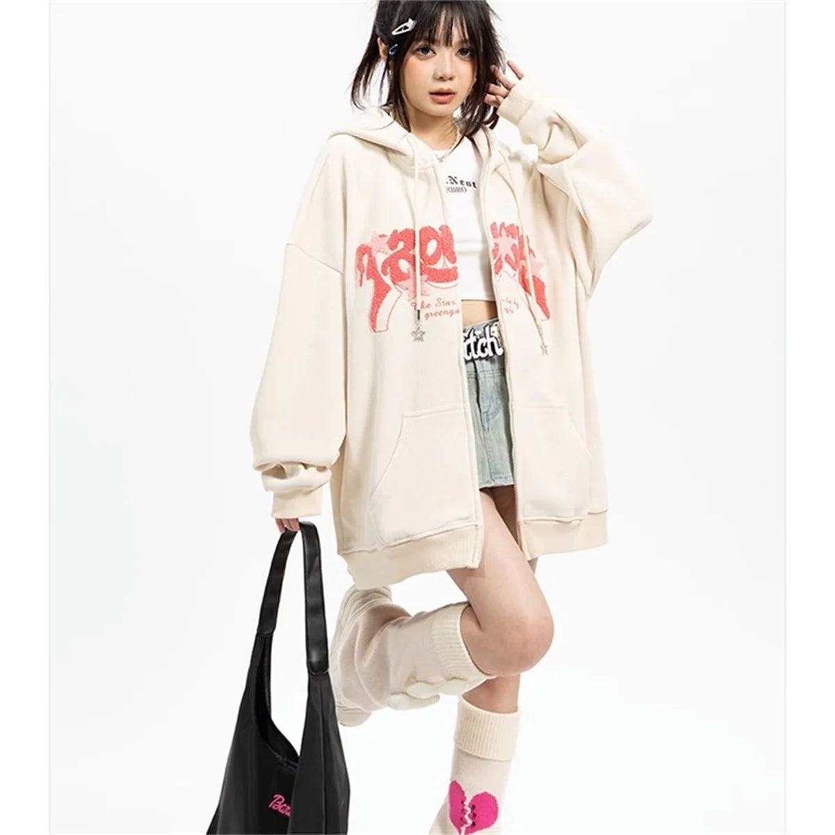 Hoodies Women Fashion Embroidery Zip Up Autumn Long Sleeve Tops Loose Hood Shirt Harajuku Y2K Clothes Female Sweatshirt Jacket