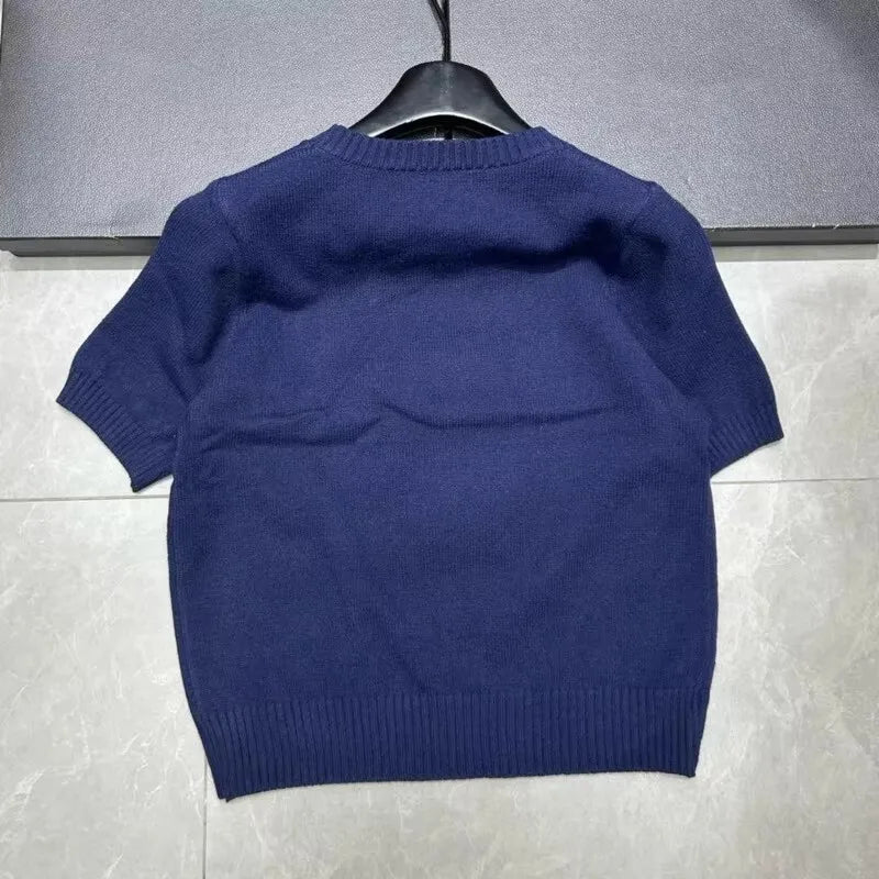 European Style Luxury Brand Loose O-Neck Bear Pullover Tops Knitwear Woman Short Sleeve T-shirt Ladies Wool Knitted Sweater