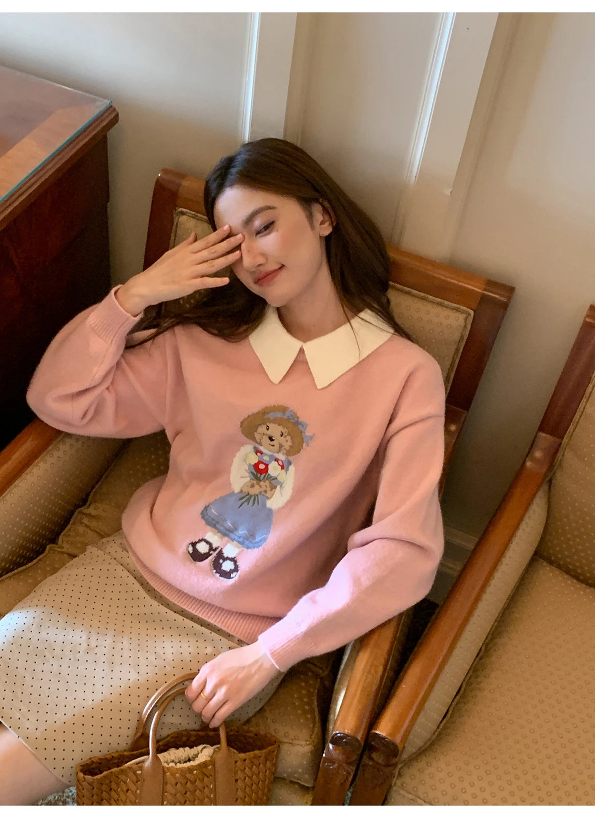 High Quality French Vintage Luxury Bear Jacquard Sweater For Women Autumn New Fashion Korean Casual Loose Pullover Knitted Tops