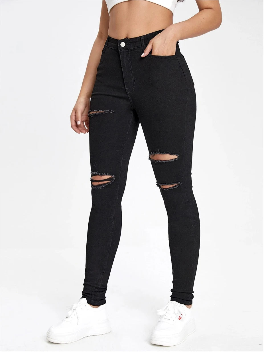 Ins Lady High Waisted Stretchy Skinny Jeans | Girls Ripped Design Trendy Versatile Timeless Casual Fashion Denim Pants