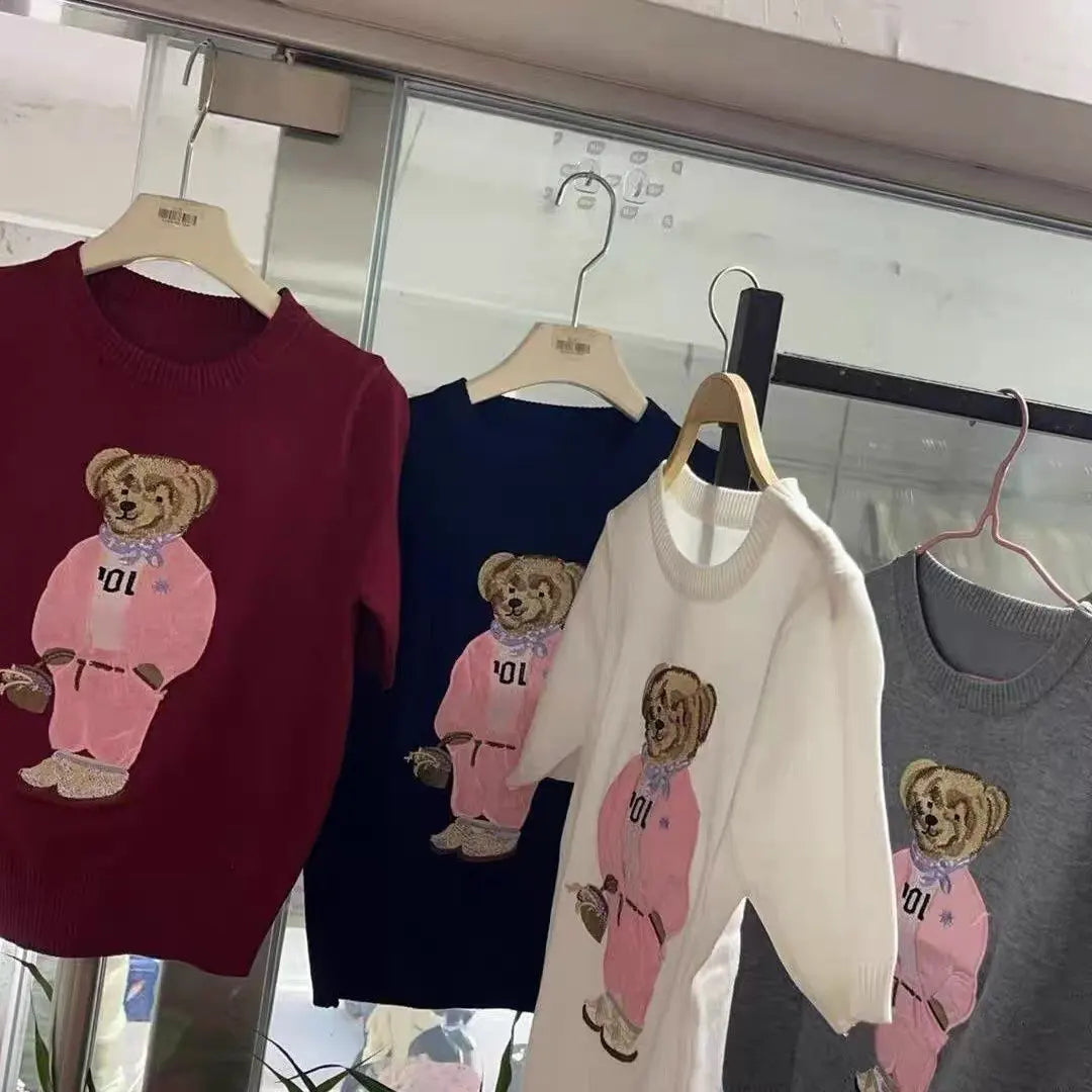 European Style Luxury Brand Loose O-Neck Bear Pullover Tops Knitwear Woman Short Sleeve T-shirt Ladies Wool Knitted Sweater