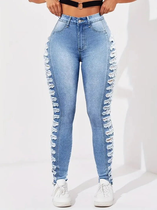 Women's fashionable washing light blue side layered ripped elastic slim fit and hip-retracted casual nine-point foot jeans