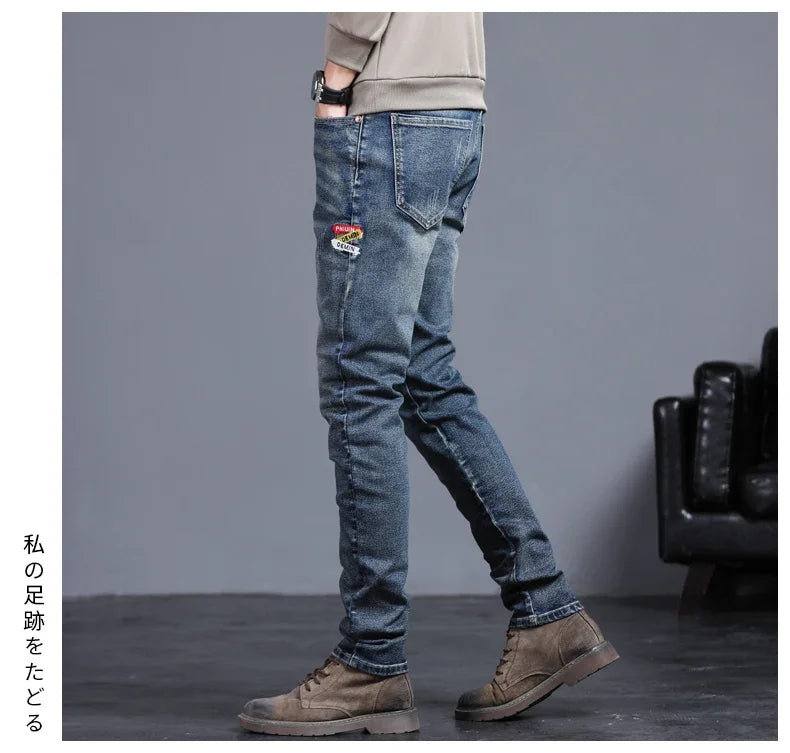 Men's Vintage Jeans Korean Fashion Slim Little Feet Embroidered Trousers Stretch Male Streetwear Denim Pants
