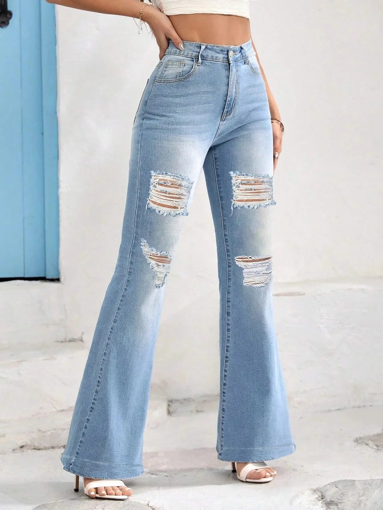 Plus Size Fashionable Ripped Denim Jeans Spring Summer Street Style Wide Leg Floor Length Casual Trendy Pants Cotton Material