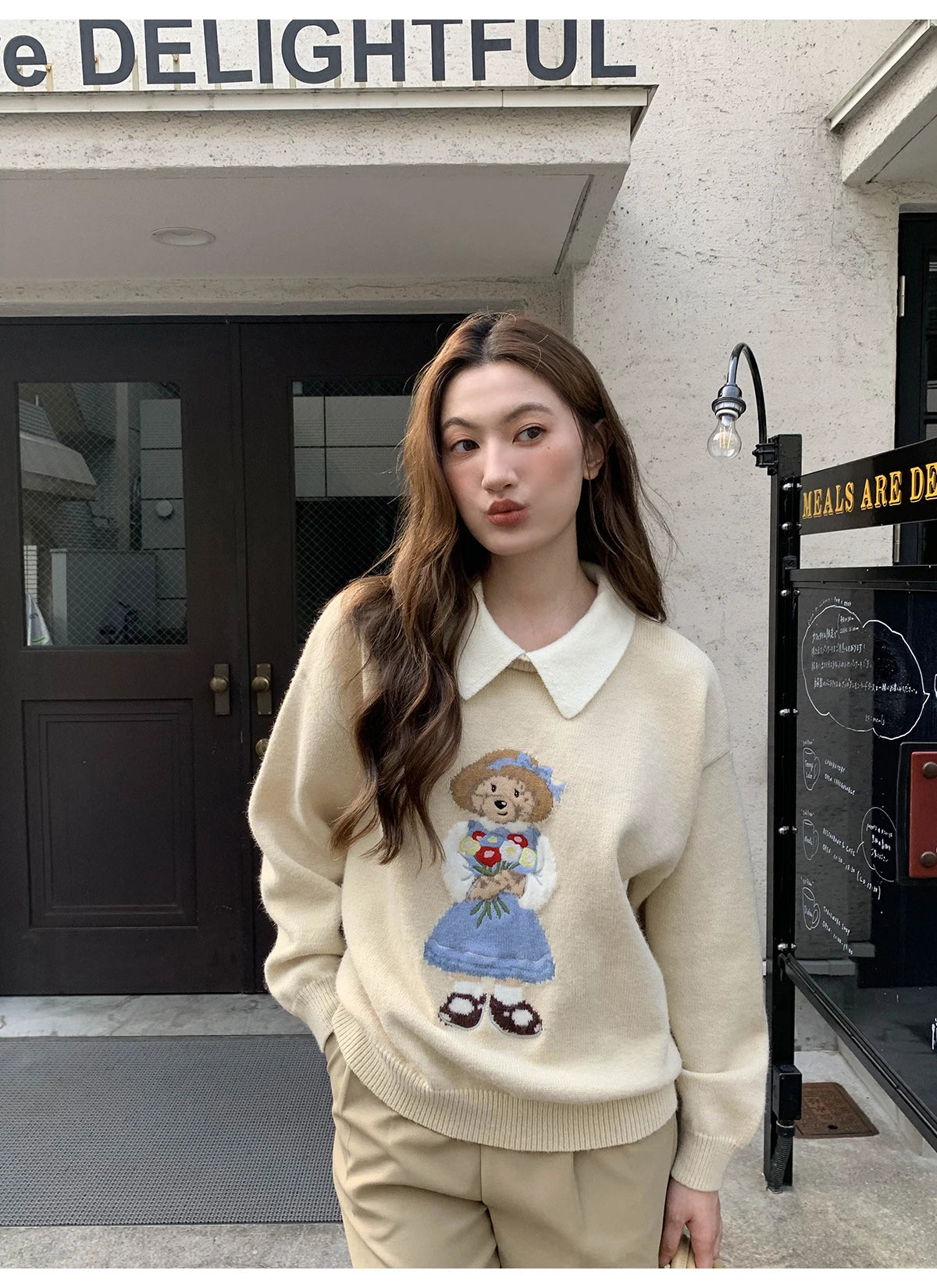High Quality French Vintage Luxury Bear Jacquard Sweater For Women Autumn New Fashion Korean Casual Loose Pullover Knitted Tops