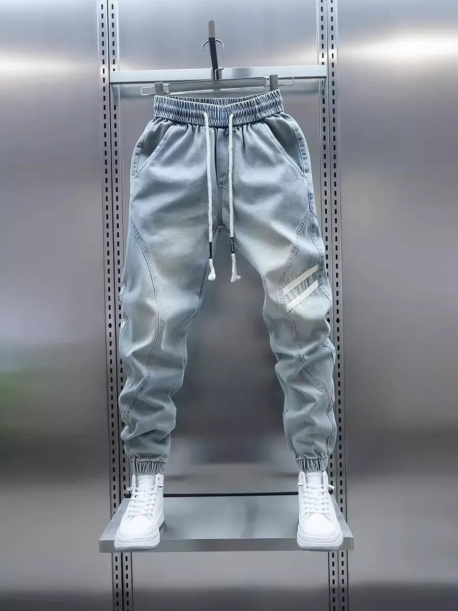 Men's Summer Slim Fit Jeans Light Blue Elastic Waist Patchwork Casual Pants Tapered Leg Jeans Harlan Sle Breathable Comfort...