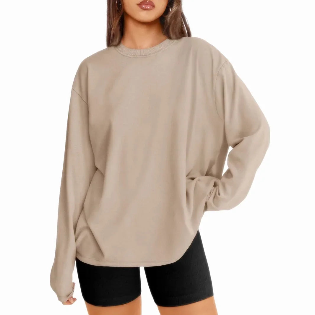 Long Sleeve Crew Neck Solid Color T-Shirt for Women Comfortable Cotton Top Fashionable
