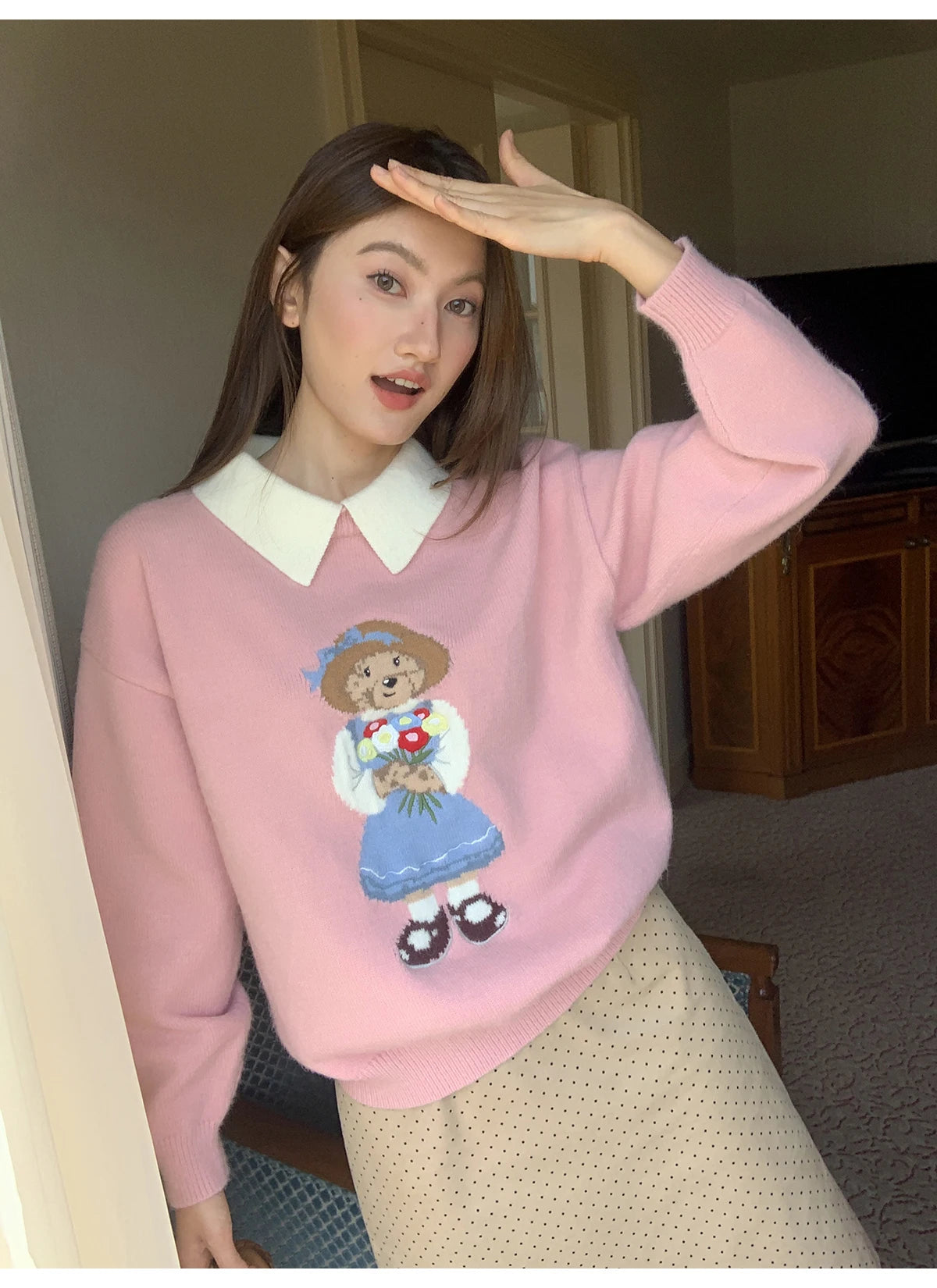 High Quality French Vintage Luxury Bear Jacquard Sweater For Women Autumn New Fashion Korean Casual Loose Pullover Knitted Tops