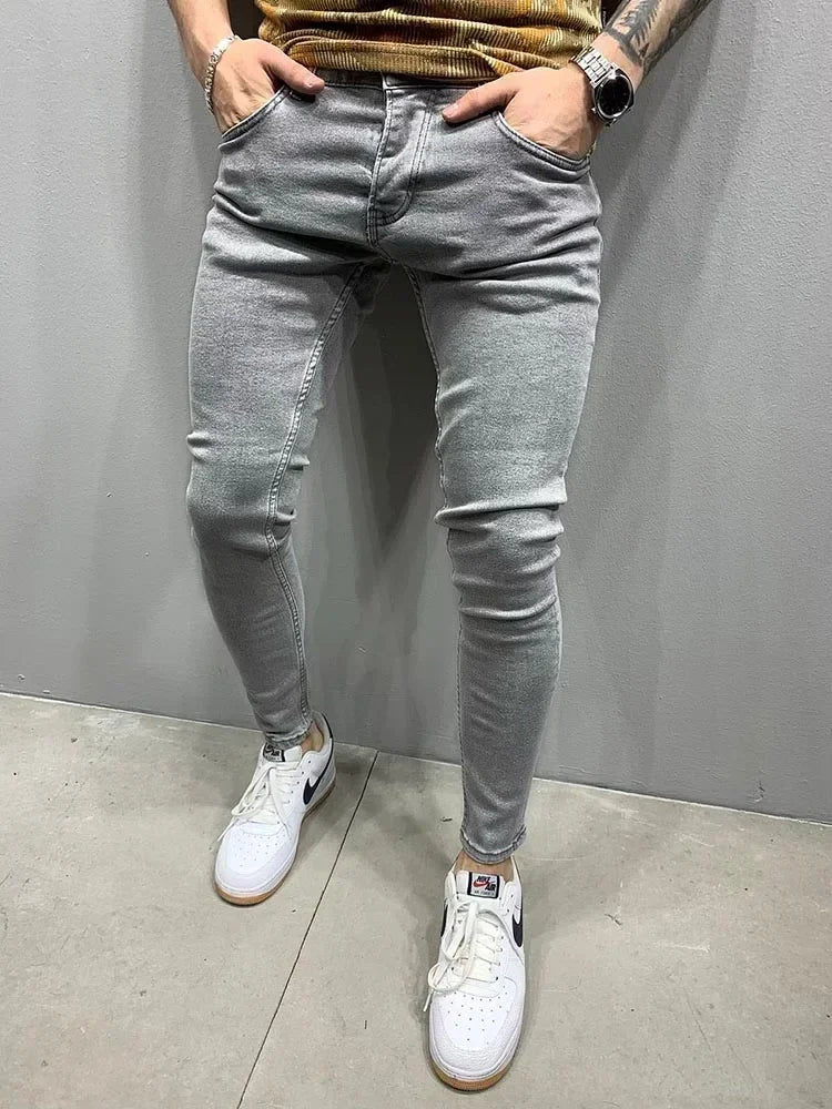 Male Hip-hop Trousers Pure Color Ripped Jeans Men Slim Long Pencil Pant Men Clothing High Quality Men Fashion Thin Skinny Jeans