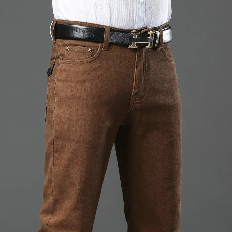 Men's Clothing Slim Jeans Fashion Brown Business Casual Stretch Denim Pants Male Brand Trousers