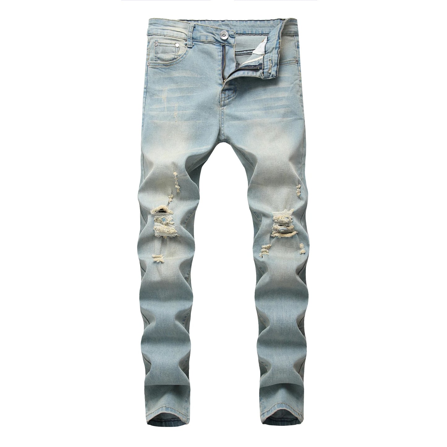 Men Vintage Wash Solid Denim Trouser Mens Casual Slim Fit Pencil Denim Holes Pants 2024